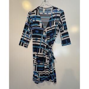 Emma Michele Geometric‎ Print Wrap Midi Dress Blue Black White Womens Size Large